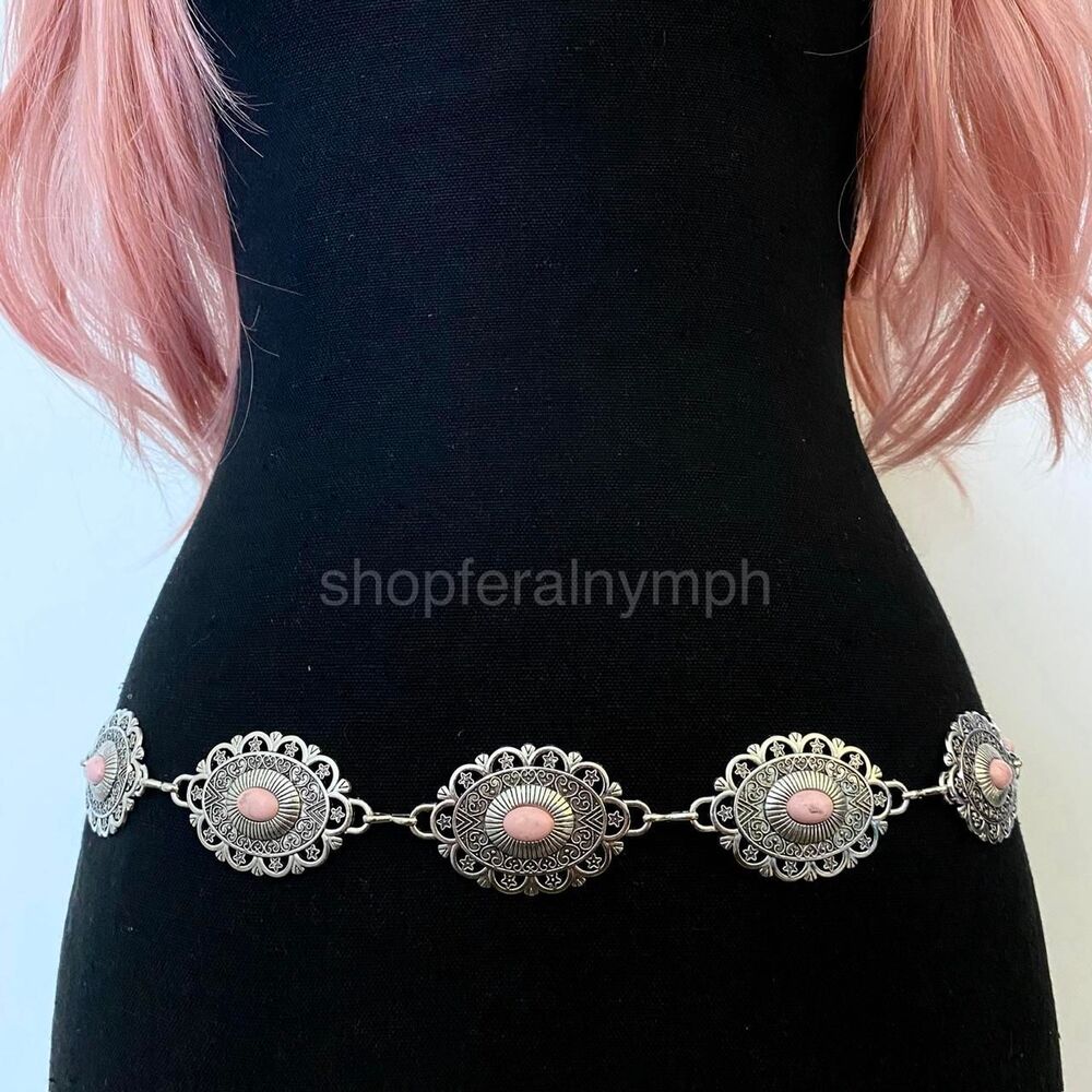Silver Y2K Smudged Pink Stone Western Chain Belt, Fits 28-38 Inches, X7GA1379